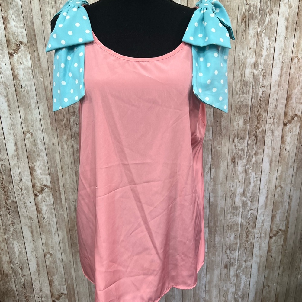 Peach Love California Pink Blouse with Blue Polka Dot Bows